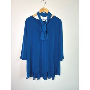 SUSAN GRAVER Liquid Knit Large Teal 3/4 Sleeve Layered Tunic Top Necktie Office